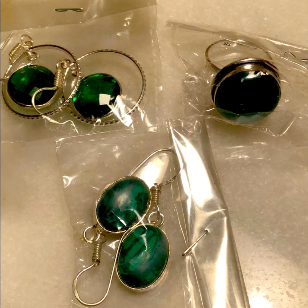 Earrings (two pairs) and a ring, made in India.